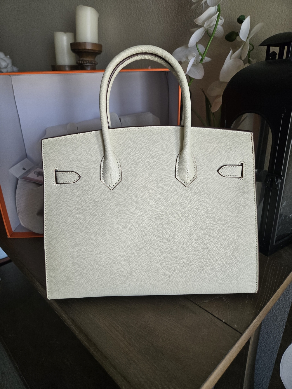 Cream Birkin-Structured Top-Handle Tote Bag with Gold Hardware - Picture 3 of 8